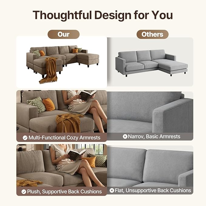 101 Inch Brown Corduroy Sectional Sofa U Shaped Sectional Sofa with 2Ottomans 6 Seater Convertible Corduroy Sofa Comfortable Living Room Couch (Camel 4 Seat with 2 Ottoman)