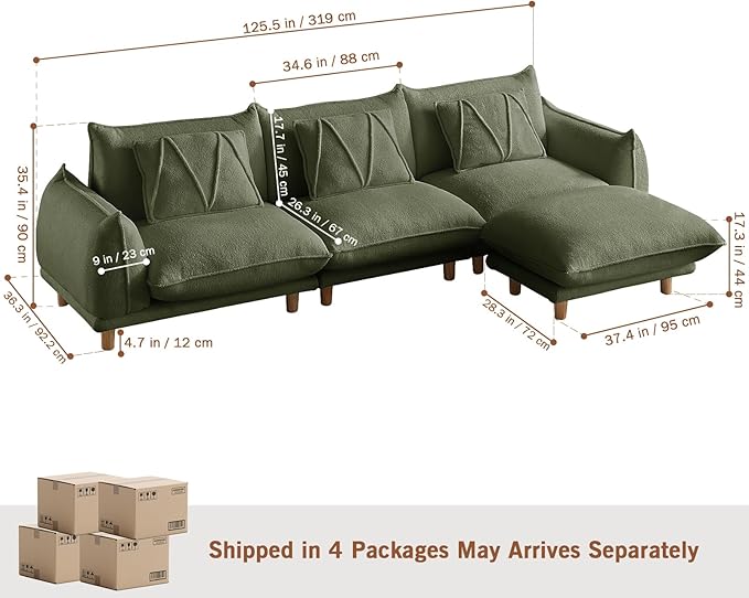 Oversized Modular Sectional Sofa Convertible L Shaped Couch with Ottoman Deep Seat Cloud Couch 126 inch Width 4 Seat Couches with Solid Wood Leg Modern Sofa for Living Room