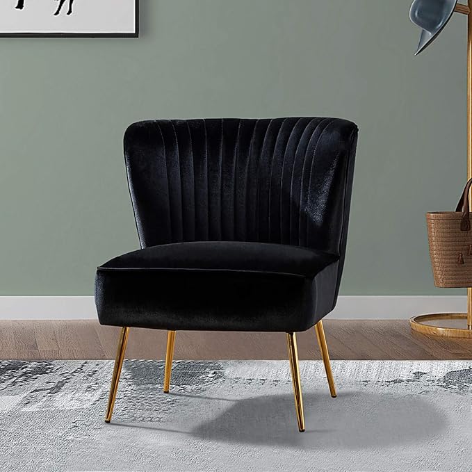 Tina's Home Velvet Armless Accent Chair Upholstered Modern Small Side Chair with Golden Legs Comfy Cute Wingback Slipper Chair for Living Room Study Beauty Room Thickly Padded(Black)