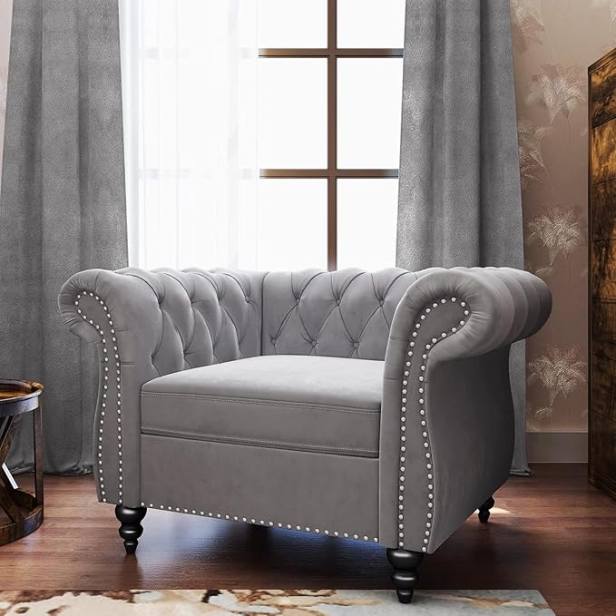 AVZEAR Living Room Accent Chair Upholstered Sofa Chair Single Sofa Chair with Tufted Back Velvet Chesterfield Sofa Chair for Living Room Apartment Grey