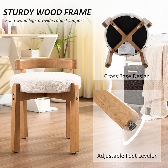 HEAH-YO Wood Vanity Chair with Back Chenille Upholstered Small Ottoman Footstool Mid-Century Modern Makeup Chair with Solid Wood Legs for Makeup Room Bedroom Living Room Beige