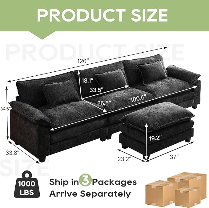 120 Modular Sectional Sofa Comfy Cloud Couch Sectional Sofa with Ottoman Chenille Sofa Sleeper Deep Seat Sofa with Throw Pillows for Living Room (Black 120- L Shape)
