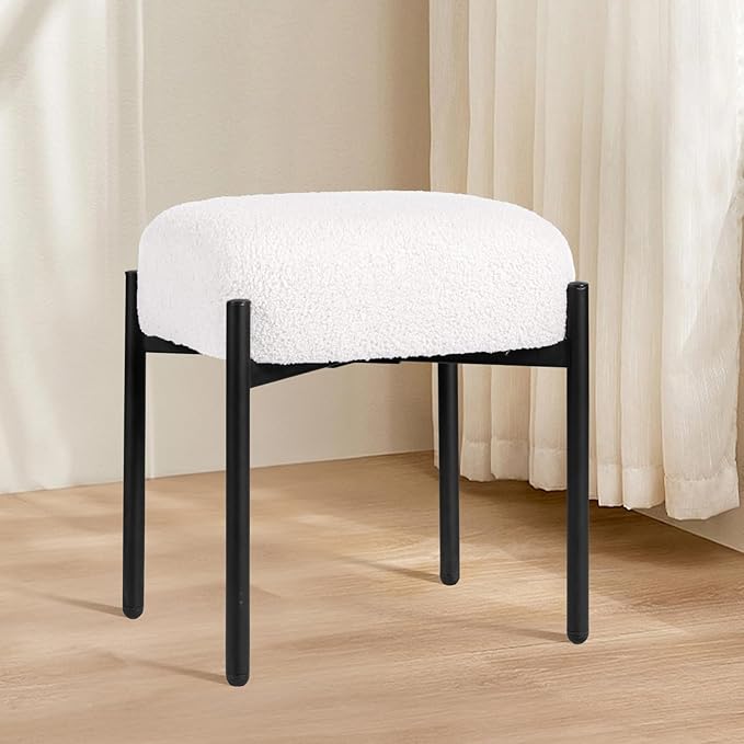 Vanity Stool Chair Faux Fur 16.3 L x 12.8 W x 17.3 H Soft Ottoman Makeup Chair Bench Furry Padded Seat with 4 Metal Legs Footstool Multifunctional Chairs for Bedroom Living Room