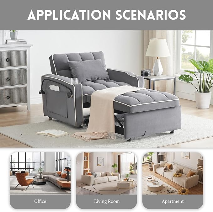 3 in 1 Sleeper Chair BedVelvet Convertible Sleeper SofaPull Out Bed Chair with USB Port &amp Ashtray and Swivel Phone Stand &amp Storage PocketsModern Sofa for Living Room