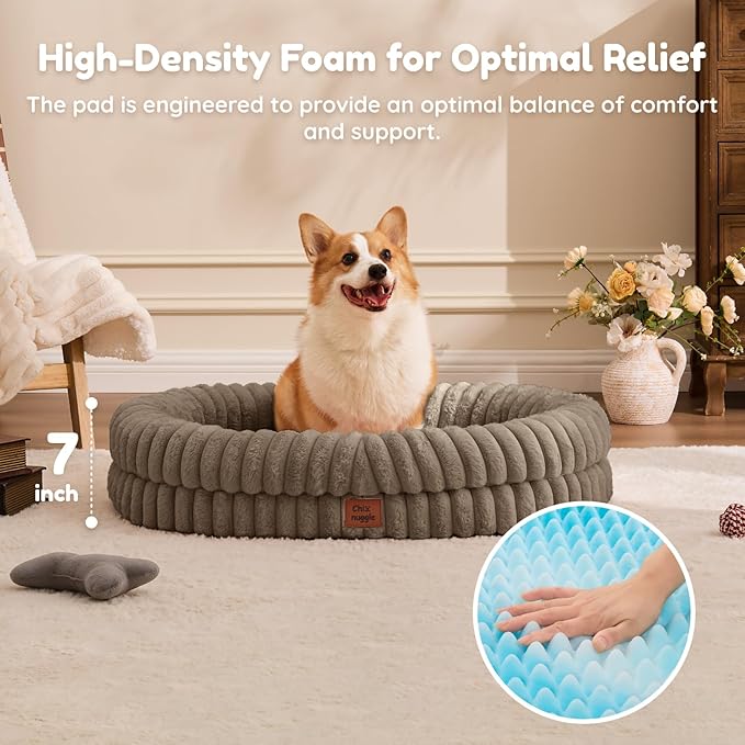 Dog Bed Large Sized Dog - Luxury Striped Faux Fur Waterproof Dog Couch with Removable Washable Cover Orthopedic Dog Bed with Bolster Sides for Sleeping Taupe