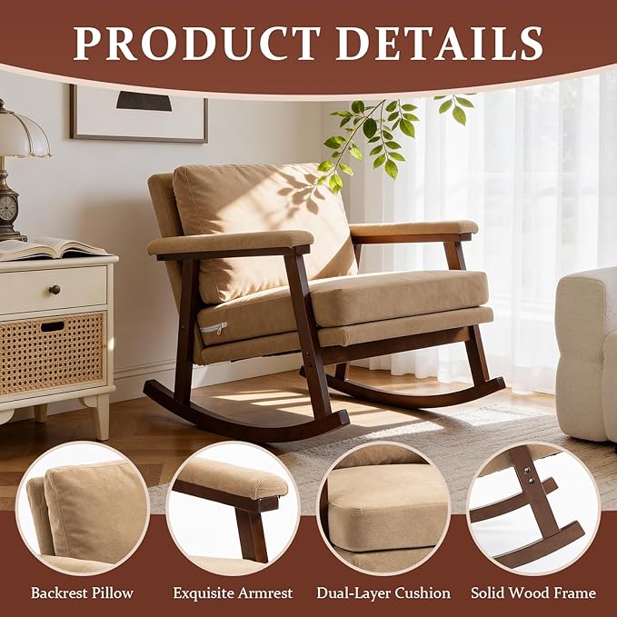 Rocking Chair for Nursery Living Room &amp Bedroom Upholstered Accent Chair with Solid Rubberwood Frame Cozy Reading Chair for Small Spaces (Khaki)