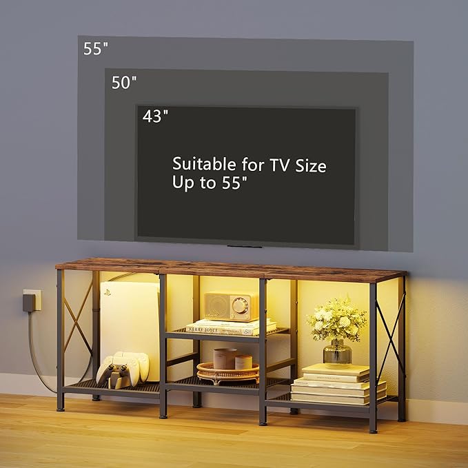 TV Stand with LED Lights for 55 Inch TV Entertainment Center with 3-Tier Open Shelves TV Console Table for Living Room Bedroom Rustic Brown