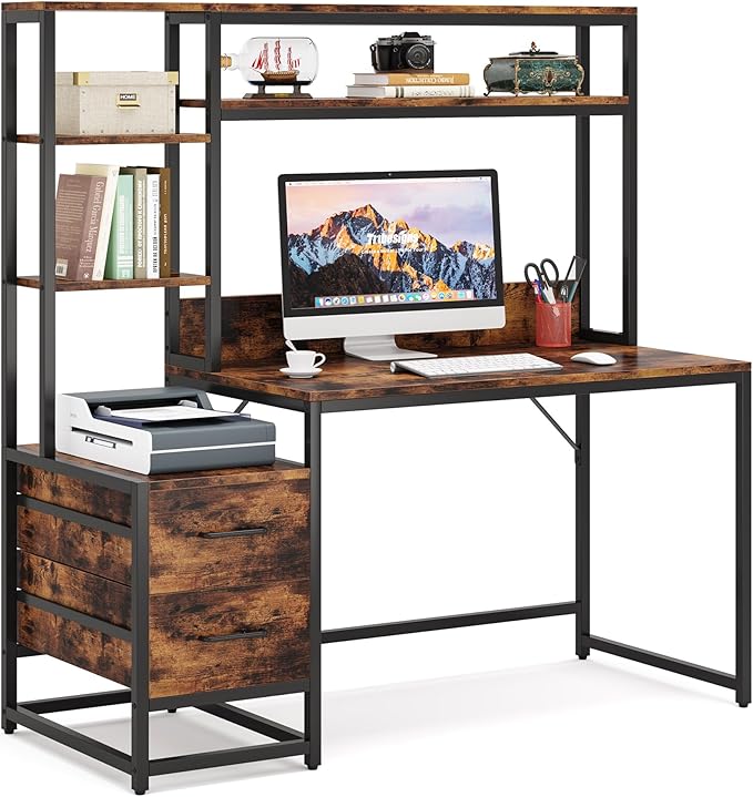LITTLE TREE Computer Desk with Drawers and Hutch Rustic Office Desk with Storage Shelves for Home Office