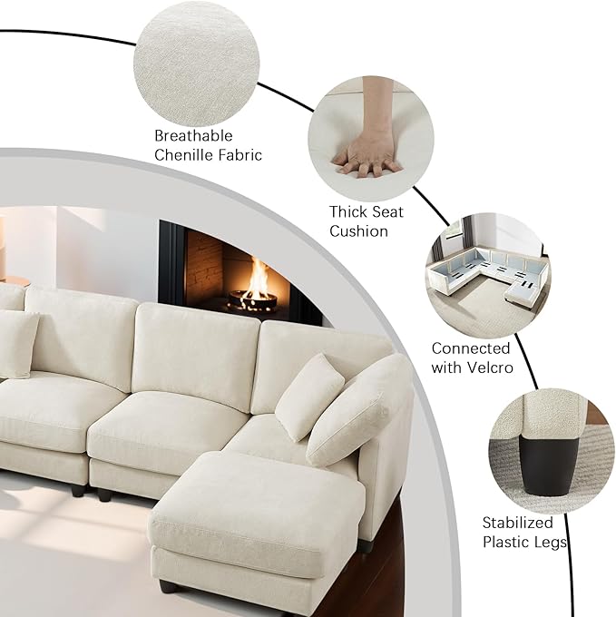 121'' 7-Seater Modular Sectional Upholstered Couches Chenille Cloud Couch with Movable OttomanL/U-Shape Modern Sofa for Living RoomBeige