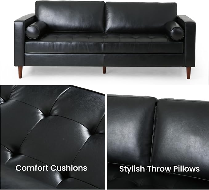 Merax Upholstered PU Sofa Classic 3 Seater Leather Couch with Wooden Legs for Living Room Bedroom Officee Black