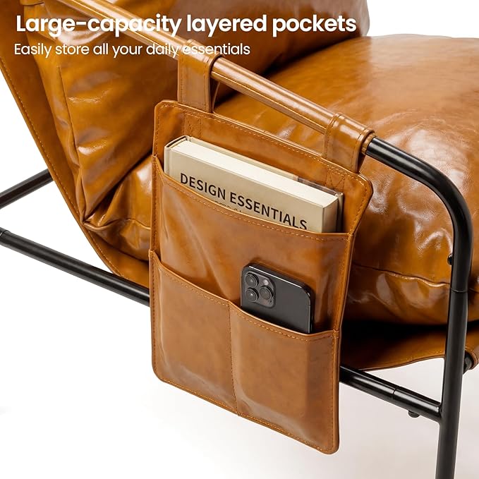 Modern Faux leather Armchair Comfy Accent Chair with Sturdy Metal Frame Wood Armrest And bag Living Room chairs Soft Cushion Lounge couch sofa Chair Oversized Reading chair for Bedroom Patio Porch