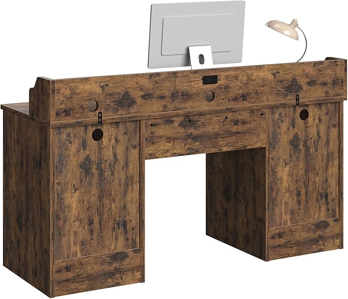 Bestier Farmhouse 59 Executive Desk with Drawers Wood Computer Desk with Charging Station Home Office Desk with Keyboard Tray &amp Monitor Stand Sturdy Pedestal Desk for Work Study Rustic Brown