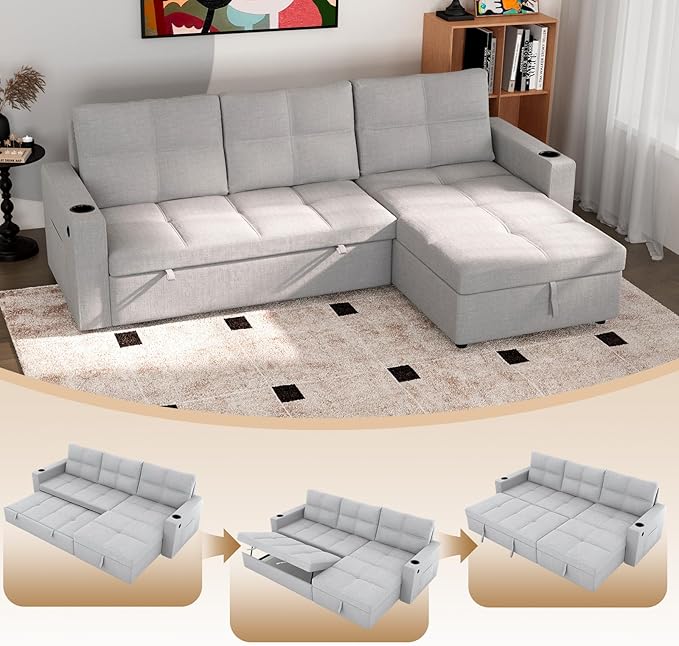 85 inch Sectional Sleeper Sofa Bed with StoragePull Out Couch with Reversible Storage ChaiseCup Holders USB ChargingSide PocketsComfortable Sectional Sofa Couches for Living RoomSmall Spaces | co