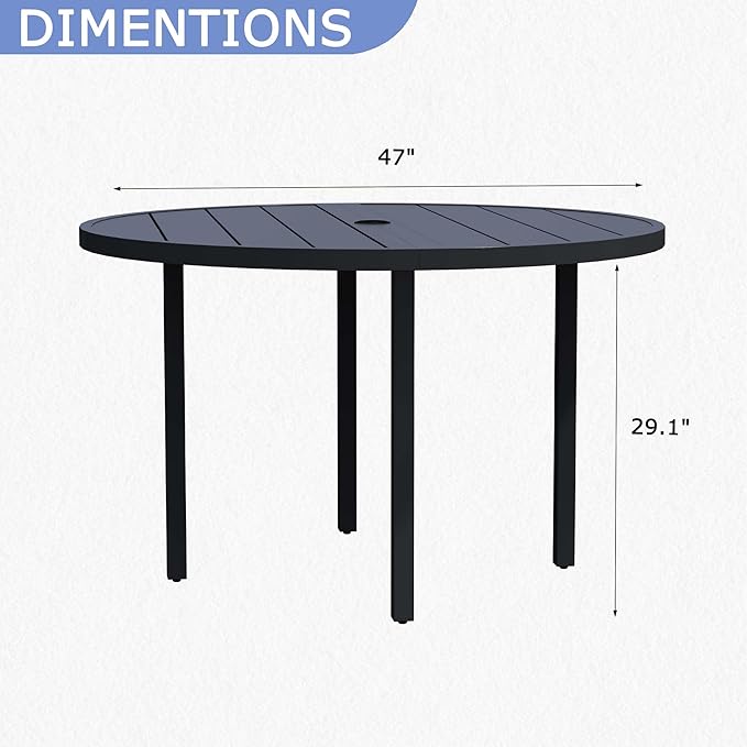47 Round Patio Dining Table for 6 All-Weather Metal Patio Table with Umbrella Hole Outdoor Round Dining Table for Lawn Garden Porch Black