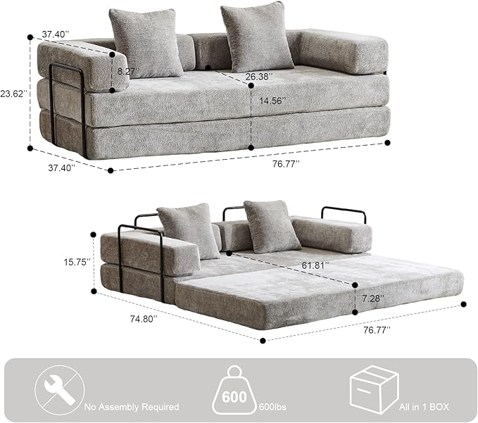 Convertible Floor Sofa Bed with Fixed-Shape Frame Modular Chenille Folding Mattress Couch with Armrest Floor Sofa Lounge Couch for Living Room Bedroom Lounge StudioLight Grey