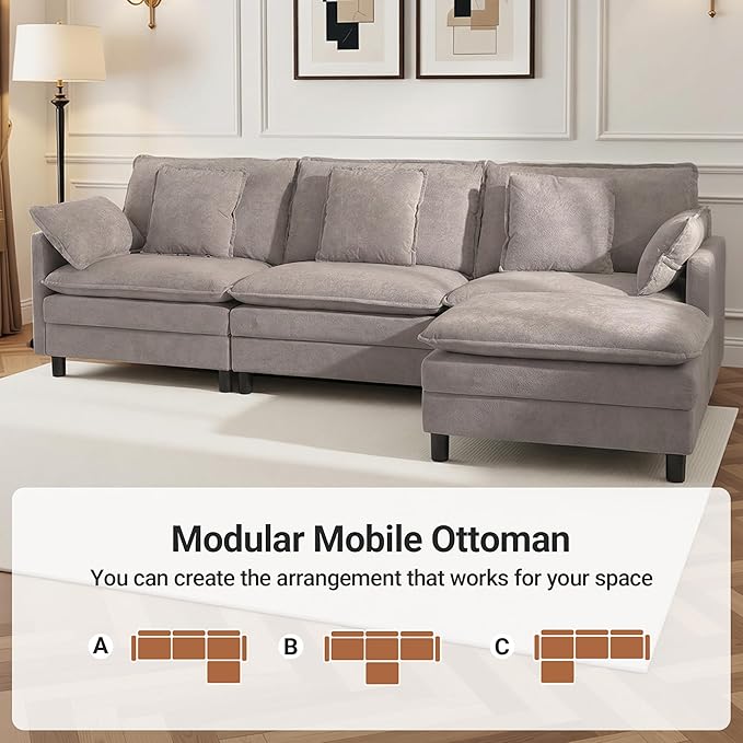 YDN 110 Couch Sofa Sectional Couches for Living Room Cloud Couch with Movable Ottoman Modular L Shaped Sofa Set Light Grey