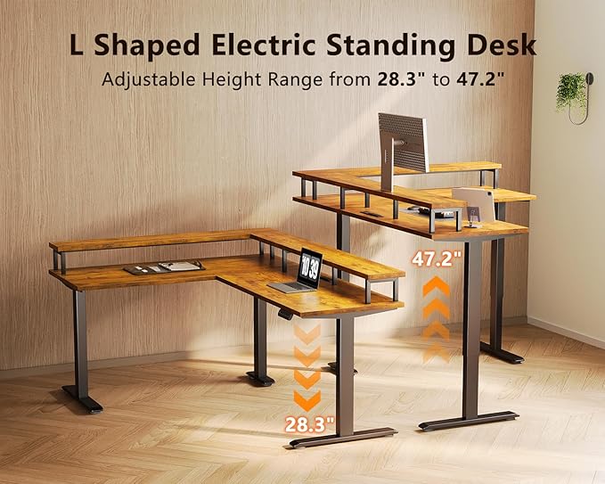 AODK Electric L Shaped Standing Desk 59 Inch Height Adjustable Stand Up Desk with Power Outlets ＆ Full Monitor Stand Reversible Corner Desk for Home Office ＆ Computer Workstation Rustic Brown