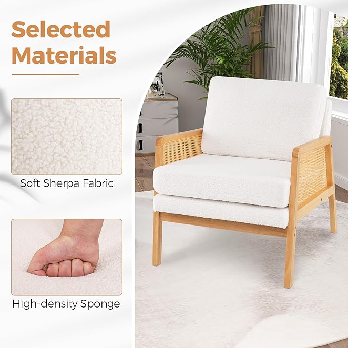 Giantex Mid Century Modern Accent Chair Boho Boucle Living Room Arm Chair w/Rattan Arms Wooden Frame Thick Cushion Pillow Sherpa Reading Side Chair for Bedroom Balcony Natural+Beige