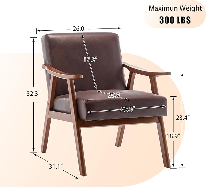Mid Century Modern Accent Chair with Wood Frame Upholstered Living Room Chairs with Waist Cushion Reading Armchair for Bedroom Sunroom Lounge Chair Indoor Office Family (Dark Brown)