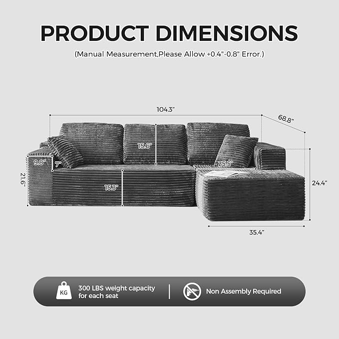 104 Cloud Modular Sectional Couch Comfort L Shaped Sofa with Deep Seat Modern Upholstered Couches for Living Room Bedroom No Assembly Required Grey (Plush Corduroy)