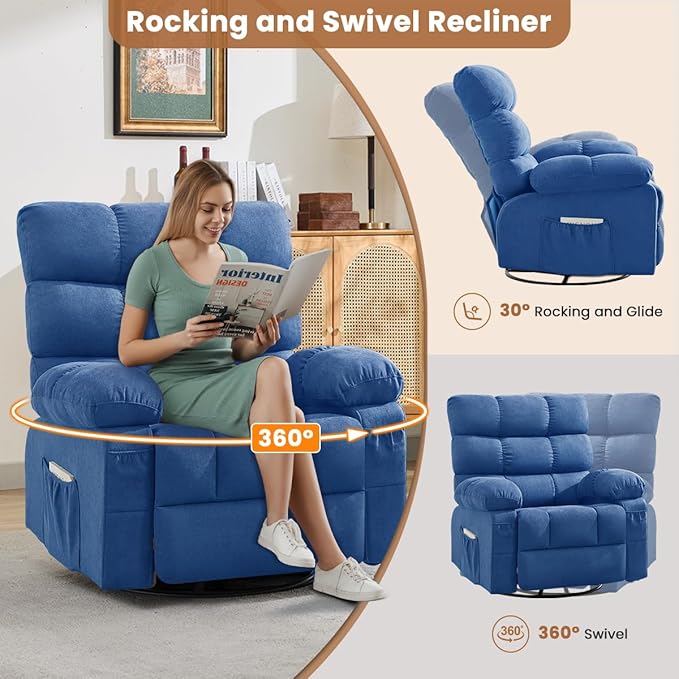 Swivel Rocker Recliner Chair for Adults 360° Upholstered Manual Recliners for Small Spaces Single Seat Glider Reclining Chair with Side Pockets Ergonomic Reading Chair for Living Room RV Bedroom