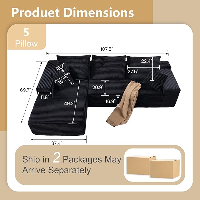107 L-Shaped Cloud Couch with Pillows Modular Sectional Sofa with Chaise Comfy Corduroy 3-Seater Sofa with Deep-Seat for Living Room No Assembly Required (Black Left-Facing Chaise)