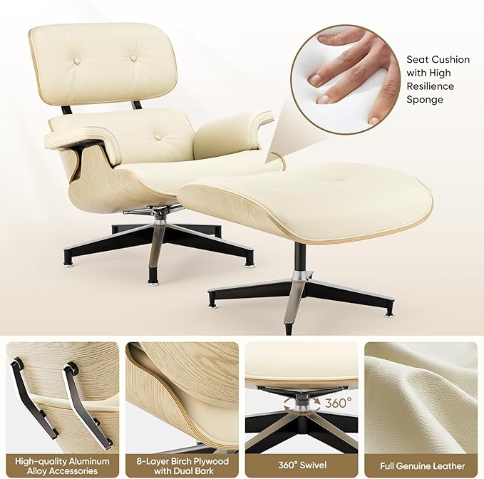 Top Cream White Grain Leather Mid Century Chaise Lounge Chair and Ottoman Modern Chair Classic Design Ash Wood Heavy Duty Base Support for Living Room Office