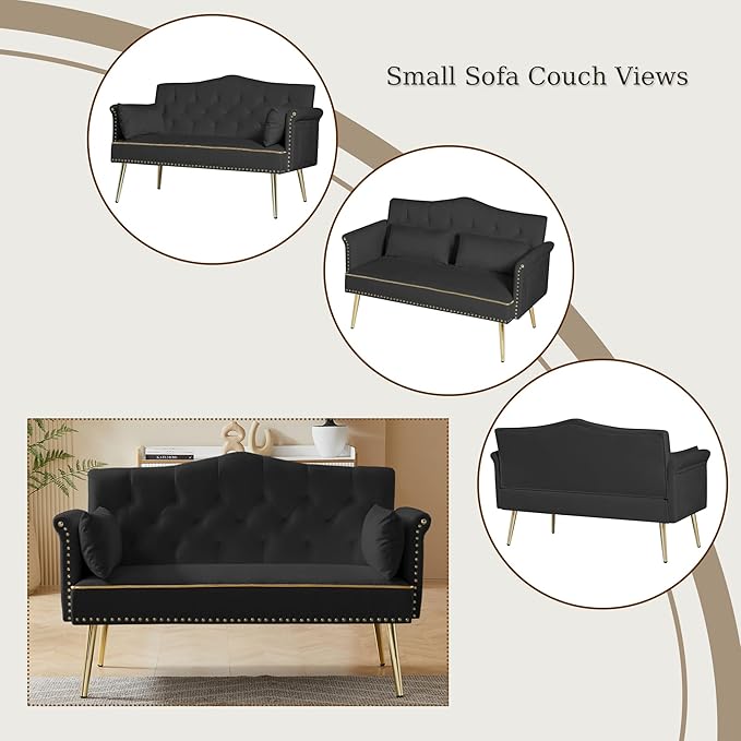 Velvet Loveseat SofaSmall 2 Seater Couch with Nailhead Trim and Side Pockets for Living Room Apartment (Black)