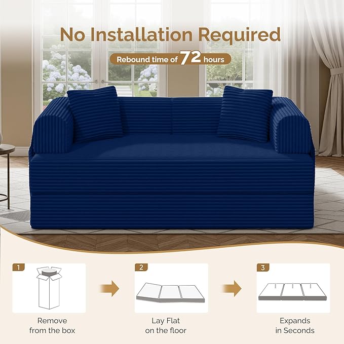 Convertible Corduroy Sleeper Sofa Bed with Cylindrical Pillow Folding Mattress Couch with Fixed-Shape Frame Floor Sofa Lounge Couch for Living Room Bedroom Lounge Studio Blue