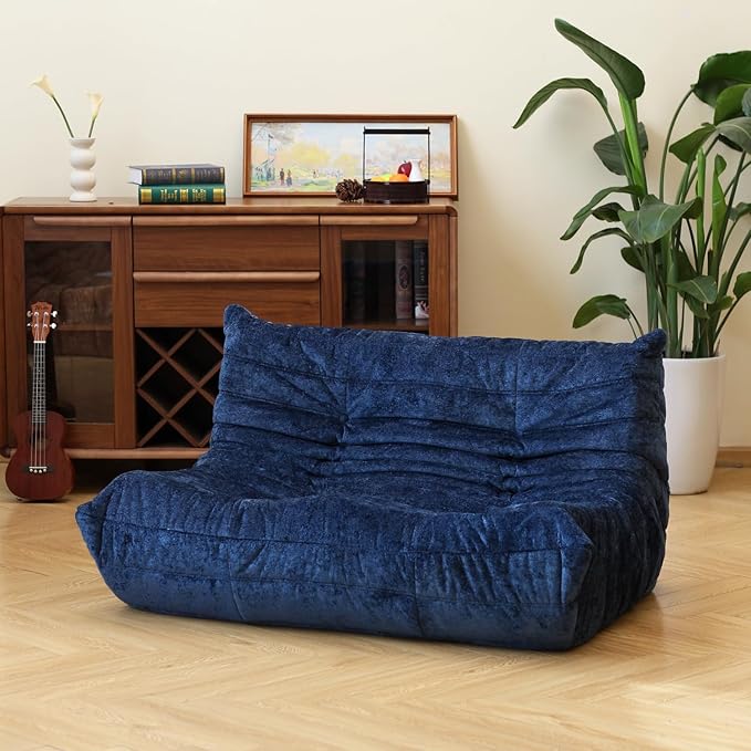 N&ampV Fireside Chair Mid Century Armless Floor Sofa Soft Premium Chenille Floor Lounge Chair Foam Sofa Accent Chair for Living Room Bedroom and Office (Blue Loveseat)