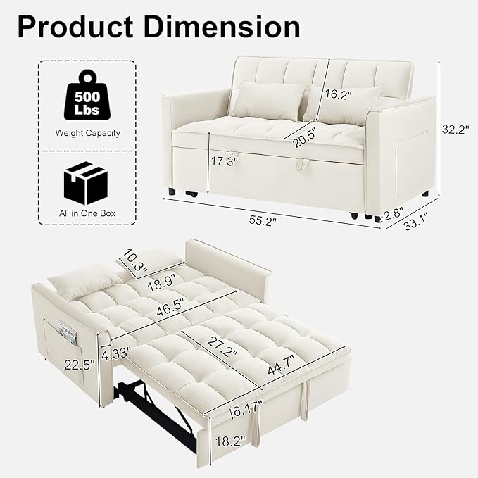 3 in 1 Convertible Sofa Bed Pull Out Couch with Adjustable Backrest Velvet Sleeper Sofa Loveseat with Pillows and Side Pockets for Living Room Bedroom Apartment Beige