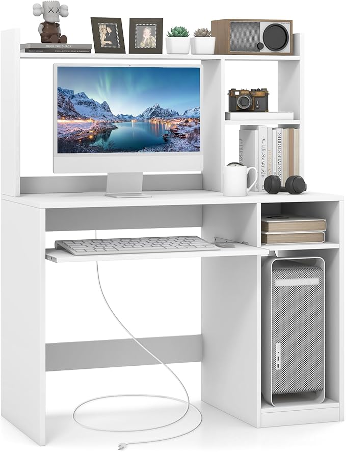 COSTWAY White Modern Large Computer Desk with Storage Shelf Office Desk with Hutch CPU Stand &amp Keyboard Tray Home PC Desk with Bookshelf for Bedroom Study Living Room