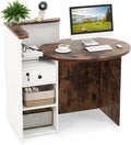 MAT EXPERT Reception Desk Front Desk with Open Shelves Lockable Drawer Round Tabletop Checkout Counter Retail Counter Computer Workstation for Office (White Cabinet &amp Rustic Brown Desktop)