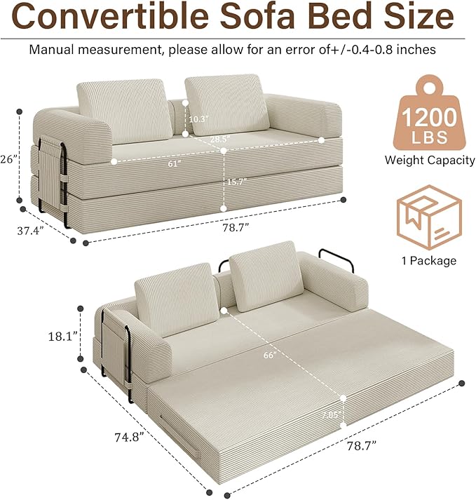 78'' Sleeper Couch Bed for Living Room Convertible Modular Sofa with Fixed Frame &amp Side Pocket Corduroy Futon Boneless Couches in a Box No Assembly Beige