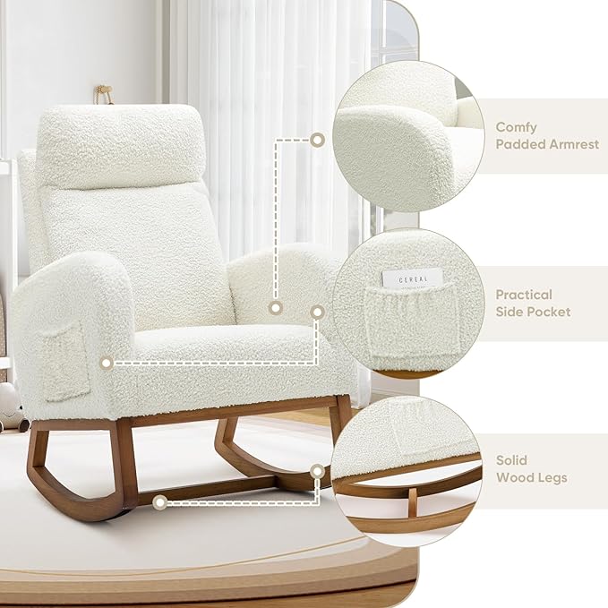 Nursery Rocking Glider Chair Modern Fabric Tall Back Accent Rocker Chair Upholstered Arm Chair w/Side Pockets Modern Leisure Single Sofa for Living Room Hotel Bedroom Office Cream