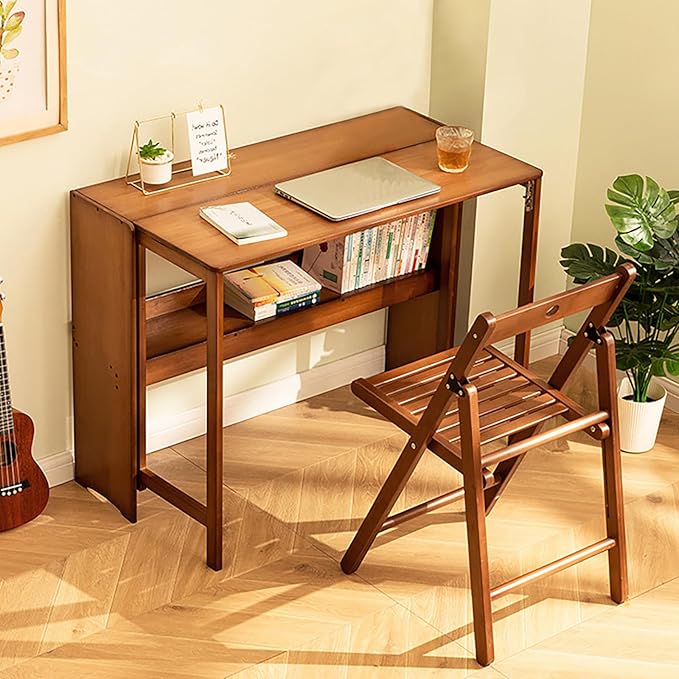 40 Inch Computer Desk with Bookshelf Bamboo Folding Desk Foldable Writing Desk Home Office Table Freestanding Makeup Workstation Dark Brown for Home Office