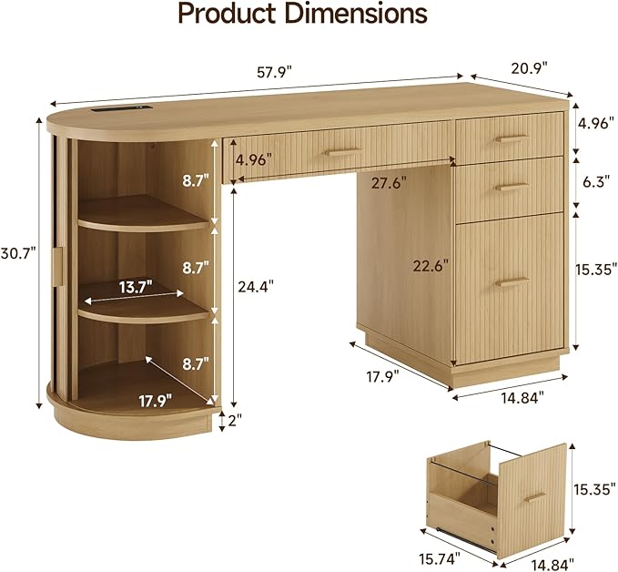 ONBRILL 58 Inch Fluted Executive Desk Computer Desk with Storage Drawers &amp File Drawer Modern Home Office Desk with Charging Station for Working Studying Writing Oak