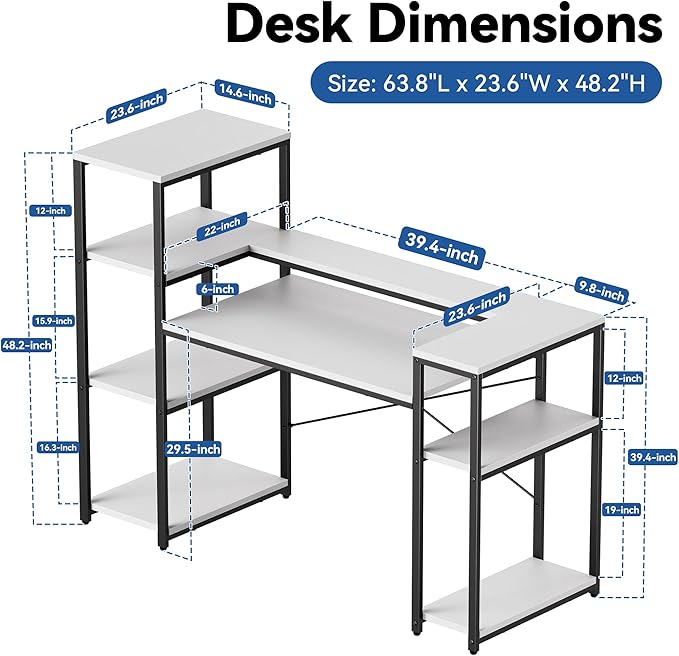 Computer Desk with Storage Shelves 63 Inch Teen Desk with Bookshelf Home Office Desk for Study Writing PC Work Gaming White