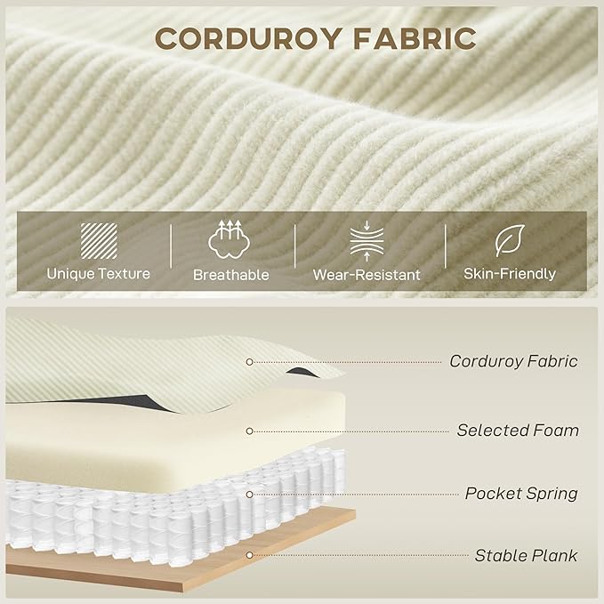 HOMCOM 95 Sectional Sofa with Reversible Chaise Lounge L-Shaped Corner Sofa with Corduroy Fabric Pocket Spring 2 Pillows Wide Arm Thick Padded 3 Seat Couch for Living Room Cream White