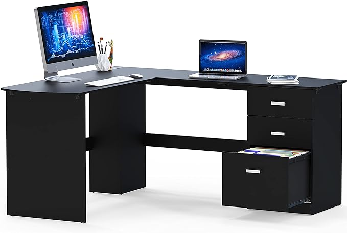 SHW 51 x 59 Inches L-Shaped Home Office Wood Corner Desk with Box Box File Drawers Black