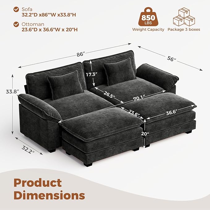 CDCASA 86 Modular Sectional Sofa Comfy Cloud Couch with 2 Movable Ottomans Oversized 4-Seater Chenille Deep Seat Sofa Bed for Living RoomBedroom Black