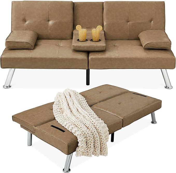 Best Choice Products Faux Leather Upholstered Modern Convertible Futon Adjustable Folding Sofa Bed Guest Bed w/Removable Armrests - Taupe