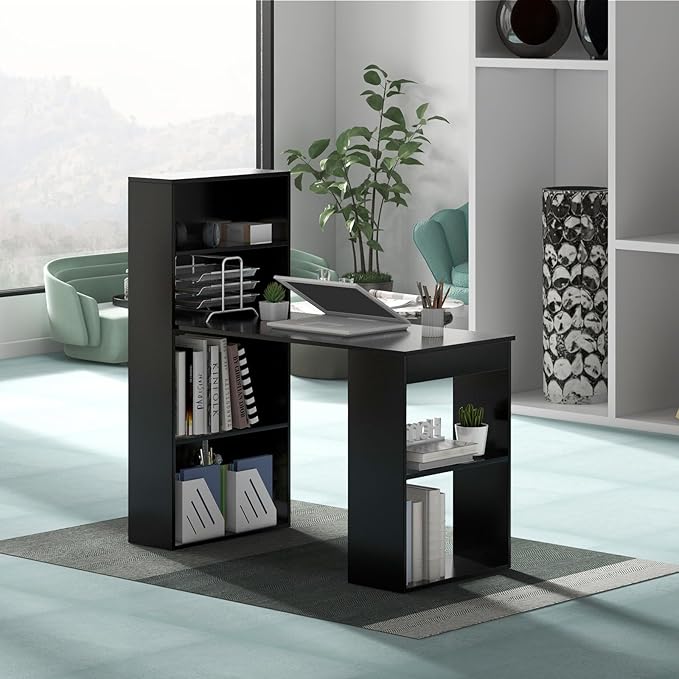 Giantex 48 Inch Computer Desk with Bookshelf 3-in-1 Home Office Desk with 4-Tier Bookcase &amp CPU Stand Space-Saving Reversible Writing Desk Work Table for Bedroom Study Room Office (Black)