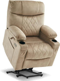MCombo Small Size Triple Motor Power Lift Recliner Chair Sofa with Massage and Dual Heating Adjustable Headrest for Elderly People Petite USB Ports Extended Footrest Fabric 7222 (Beige)