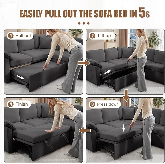 85 Modular Sectional Sofa with Pull Out Bed L Shaped Couch with Storage 5-Seater Sleeper Sofa Sectional Couches for Living Room Cloud Modular Couch with Removable Sofa Cover