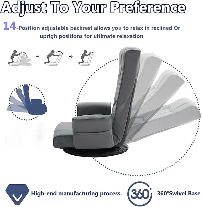 360 Degree Swivel Floor Chairs for Adults Faux Leather Gaming Floor Chair with Back Support 14 Angles Adjustable Comfortable Floor Lounge Chair Folding Video Game Chairs Office Bedroom