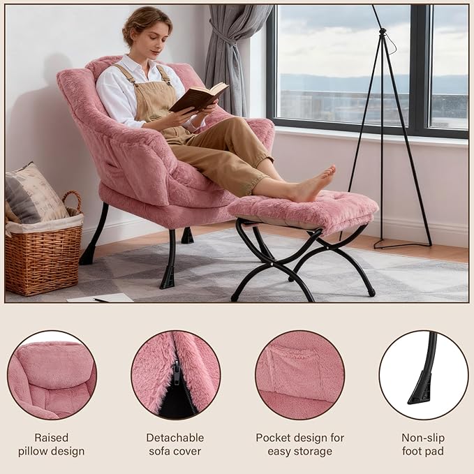 Welnow Lazy Chair with Ottoman Modern Accent Chair with Armrests and a Side Pocket Leisure Sofa Armchair Set Reading Armchair with Footrest for Small Space Plush Dark Pink