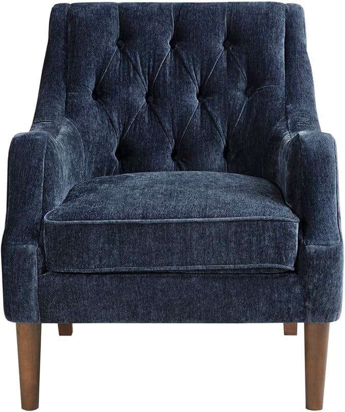 Madison Park Qwen Upholstered Accent Chair with Solid Wood Legs Button Tufted Round Arms Removable Seat Cushion Transtional Pipped Padded Cushion Seat Bedroom Lounge Comfy for Reading Navy
