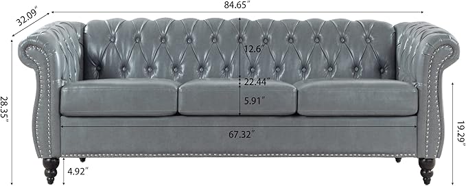 84.6” Chesterfield Leather Sofa 3 Seater Couch with Nailhead &amp Rolled Arm with Extra Deep Seats Mid Century Large Sofa with Classic Tufted Back Modern Faux Couch for Living Room Office Apartmen