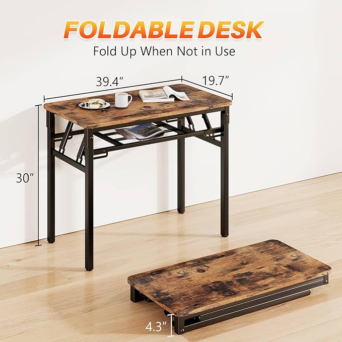 BYMECOST 39 inches Folding Computer Desk No Assembly Long Foldable Office Table Portable Large Foldable Home Office Desk No Install Activity Table Conference Table (Brown 39.4)